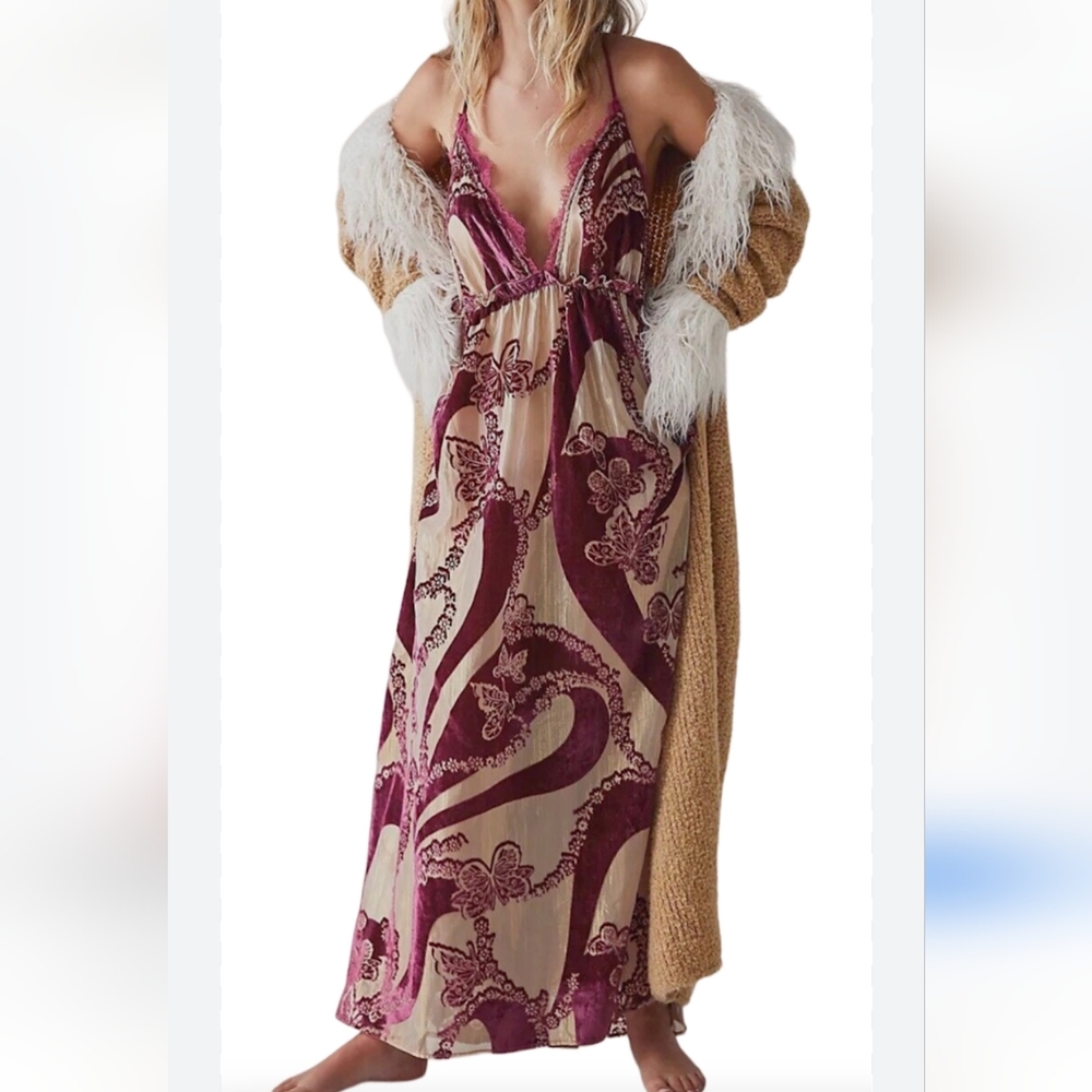 NWT FREE PEOPLE INTIMATELY WINE BALI BUTTERFLY BURNOUT VELVET SLIP MAXI DRESS - Picture 3 of 10